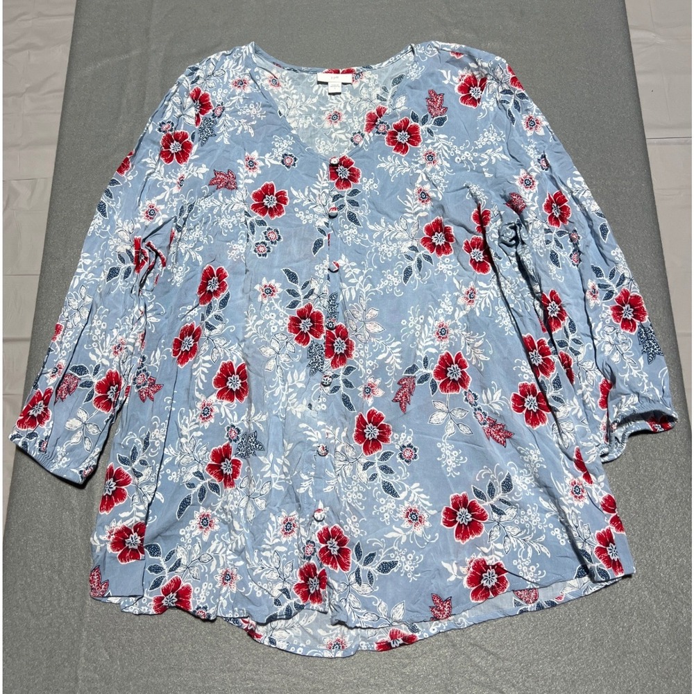 J. Jill Blue Red Floral Rayon Button Front V-Neck 3/4 Sleeve Blouse Large